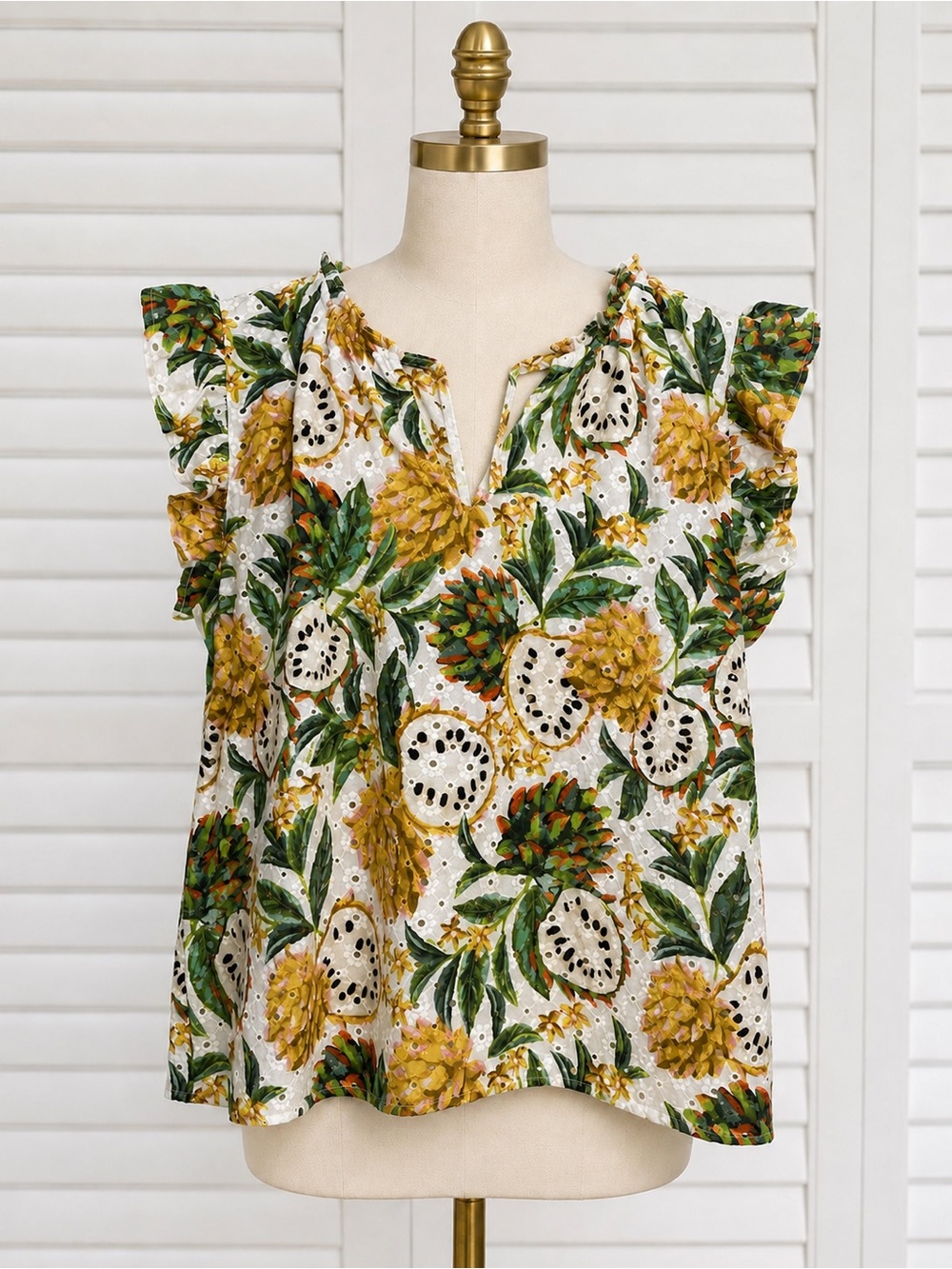Philosophy White Eyelet Top with Yellow & Green Floral & Fruit Print